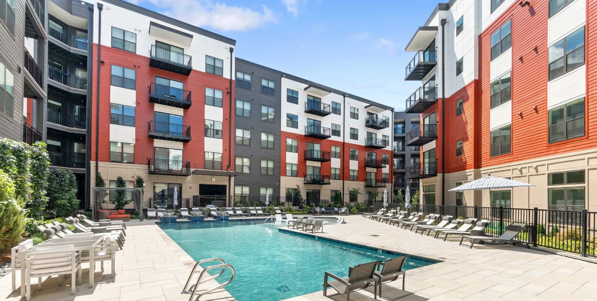 Modern apartment building with pool